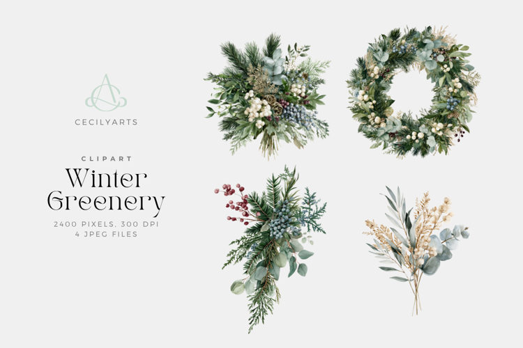 Winter Greenery Watercolor Clipart