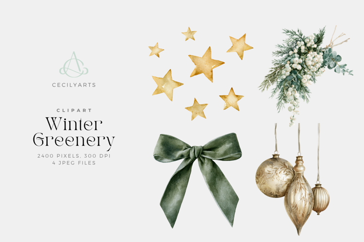 Winter Greenery Watercolor Clipart