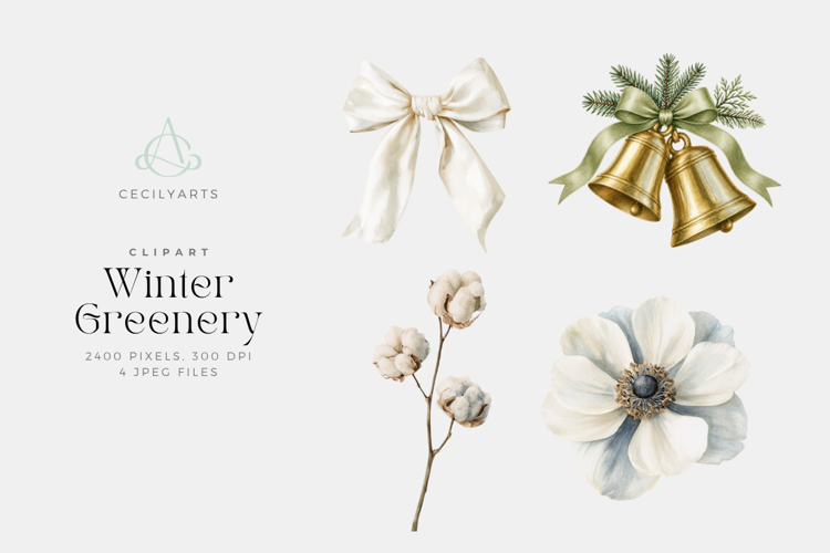 Winter Greenery Watercolor Clipart