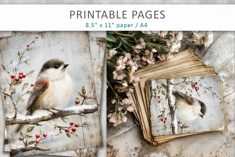 winter bird junk journal, printable pages