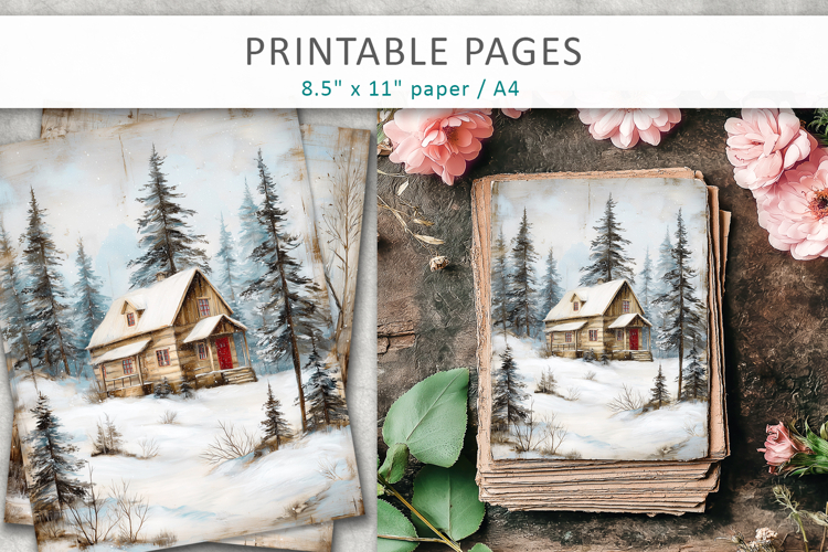 winter junk journal, forest cabin pages