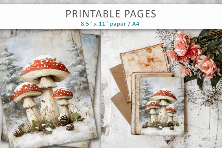 winter junk journal, mushroom grunge pages
