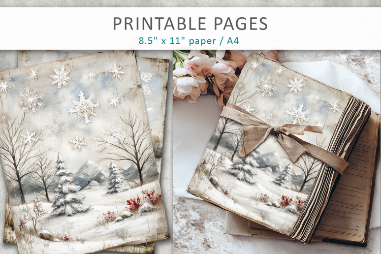 winter junk journal, snowy landscape art