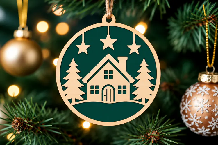 Winter House and Pine Tree Ornament SVG