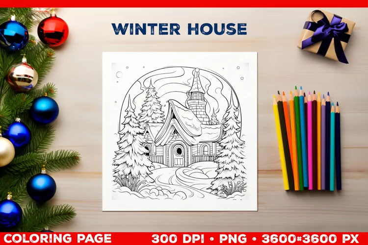 Cozy Winter House Coloring Page. Christmas Coloring Page