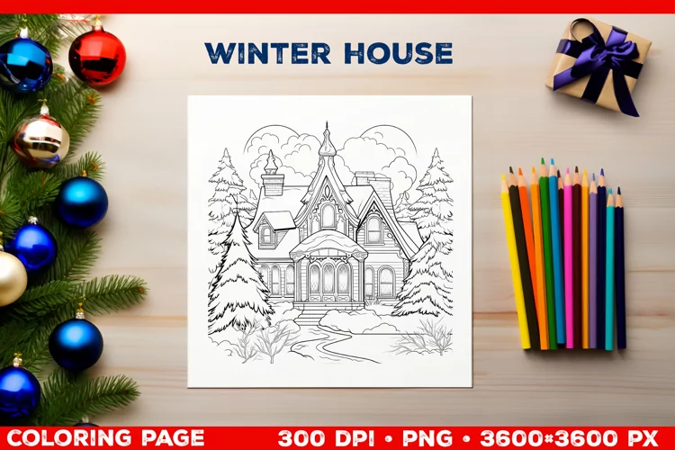 Cozy Winter House Coloring Page. Christmas Coloring Page