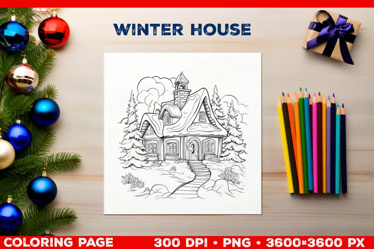 Cozy Winter House Coloring Page. Christmas Coloring Page