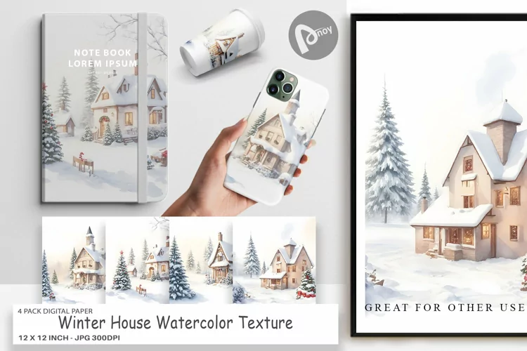 Digital Paper Winter House Watercolor