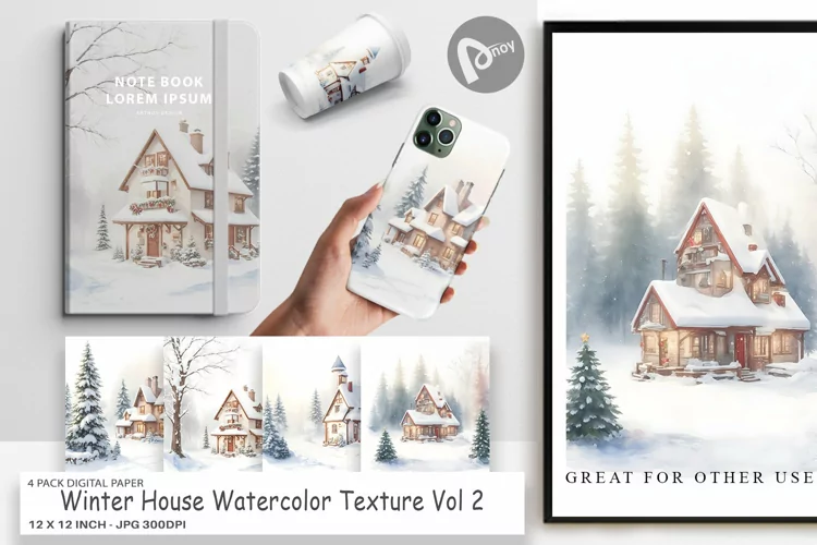 Digital Paper Winter House Watercolor