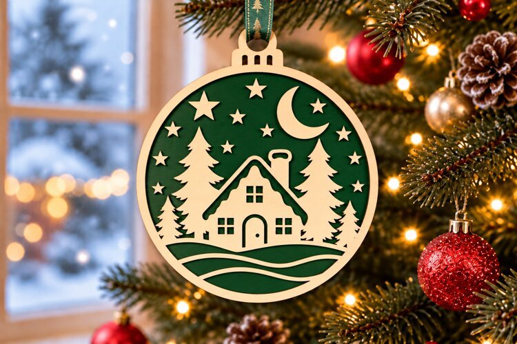 Winter House with Crescent Moon Ornament SVG example image 1