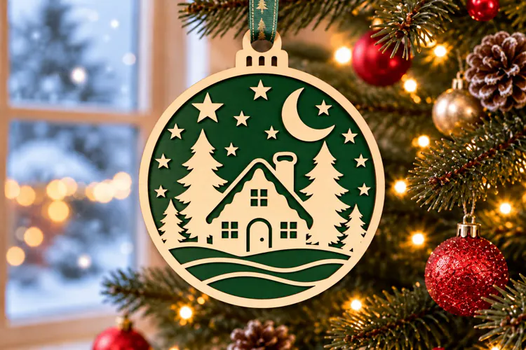 Winter House with Crescent Moon Ornament SVG