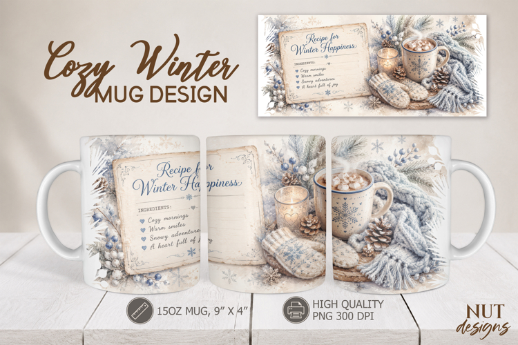 Winter Happiness Mug Wrap Hygge mug 15 oz hot cocoa