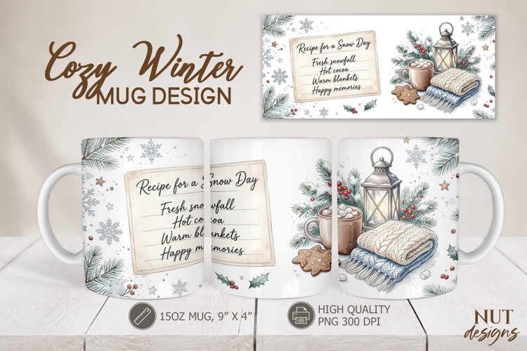 Winter Mug sublimation Hygge Snow Day Recipe Mug 15 oz