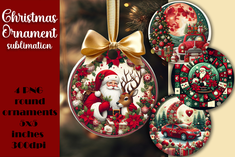 Vintage Santa Ornament Sublimation, Round Ornament Png