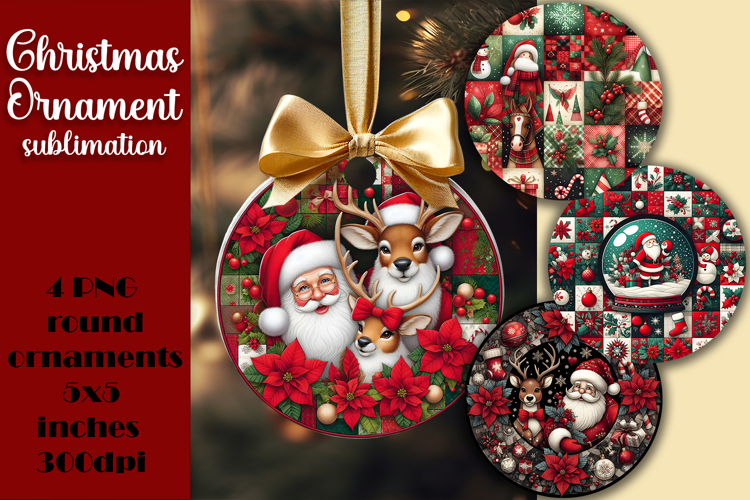 Vintage Santa Ornament Sublimation, Round Ornament Png