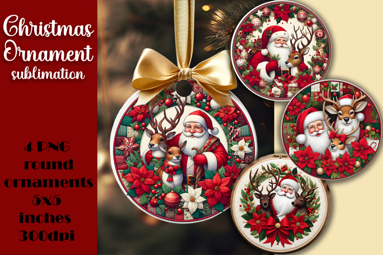 Vintage Santa Ornament Sublimation, Round Ornament Png