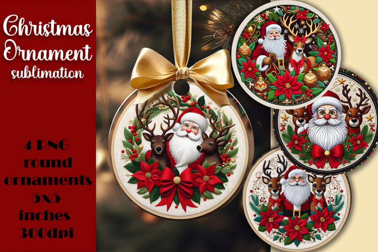Vintage Santa Ornament Sublimation, Round Ornament Png