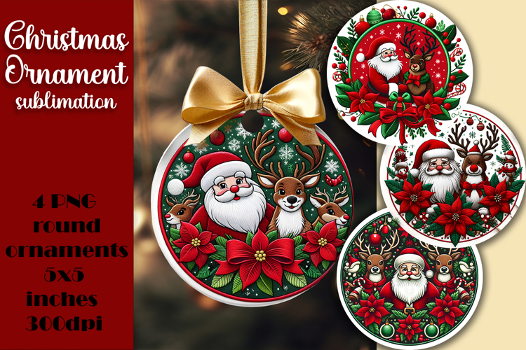 Vintage Santa Ornament Sublimation, Round Ornament Png