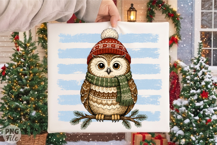 Winter Owl with Blue Stripes PNG, Cute Christmas Owl PNG