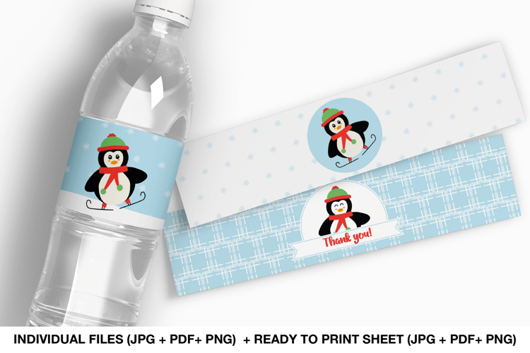 Printable penguin bottle labels in winter theme, featuring a cute penguin with a red scarf and green hat on icy blue backgrounds. Perfect for winter or Christmas parties.