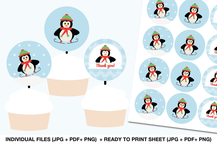 Winter Penguin Cupcake Toppers, Printable Party Decor