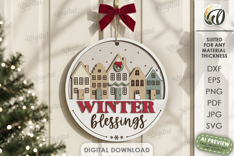 Winter Round Sign Laser Cut. Door Sign. Winter Blessings SVG example image 1