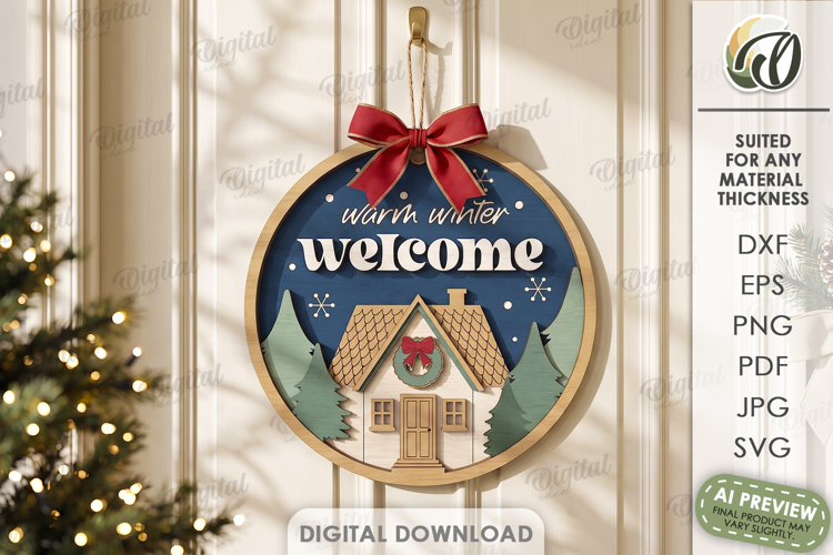 Winter Round Door Sign Laser Cut. Warm Winter Welcome SVG