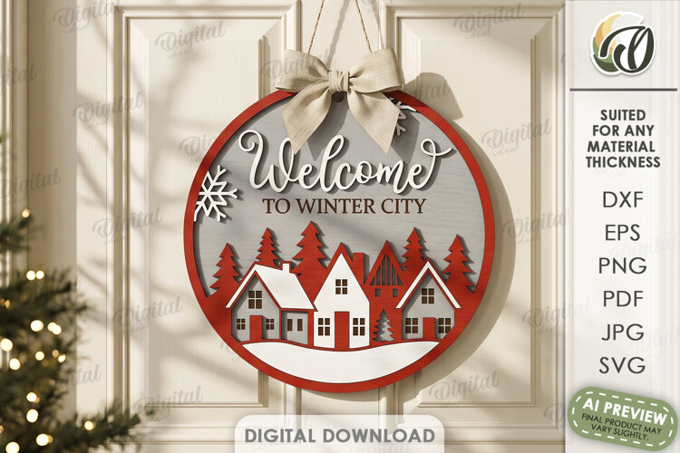 Winter Round Door Sign Laser Cut. Welcome To Winter City SVG example image 1
