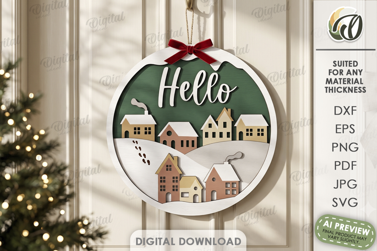 Winter Round Sign Laser Cut. Door Sign. Hello SVG