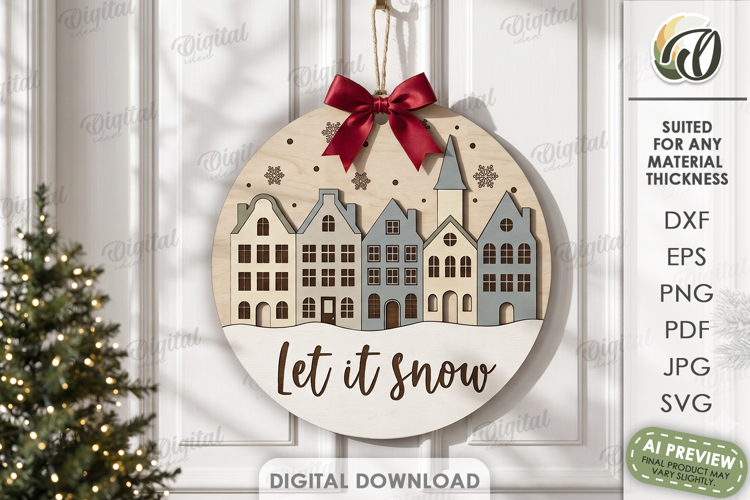 Winter Round Sign Laser Cut. Door Sign. Let it Snow SVG