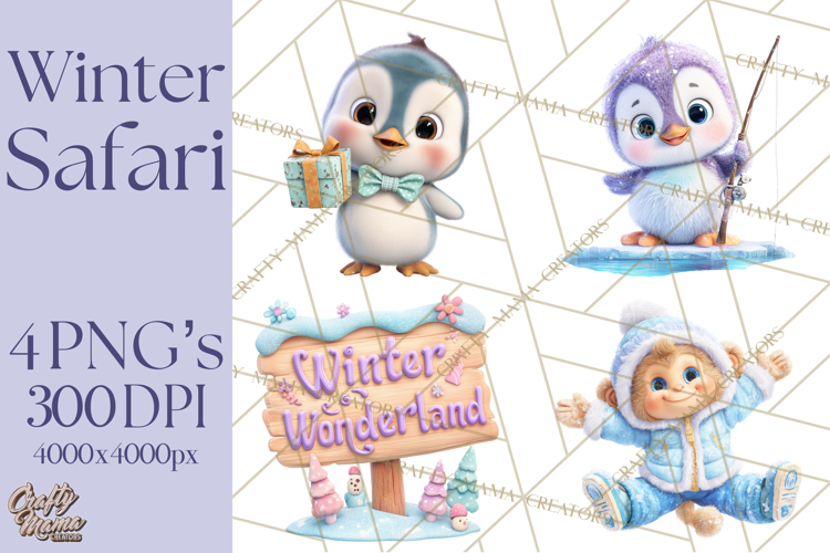 Winter Safari Baby Animals Clipart PNG Cute Holiday Clip Art