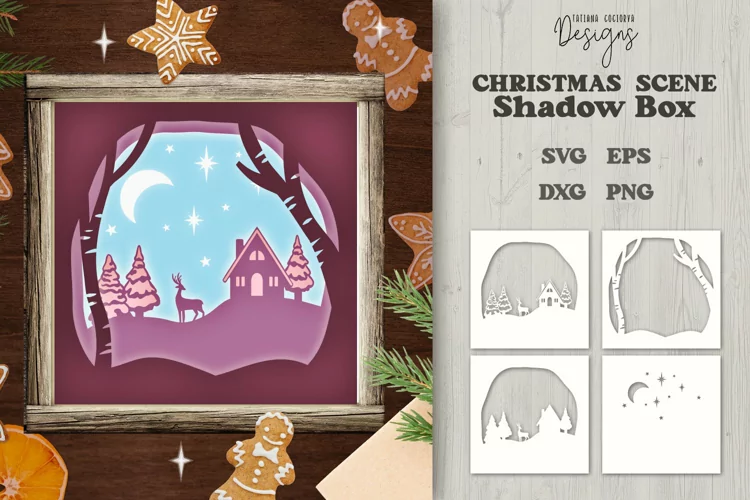 Winter Scene with Reindeer & Cottage Shadow Box 4 SVG layers