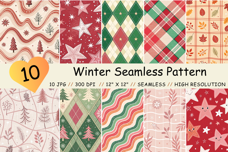 Winter Seamless Pattern PNG Bundle, Cute Winter Pattern