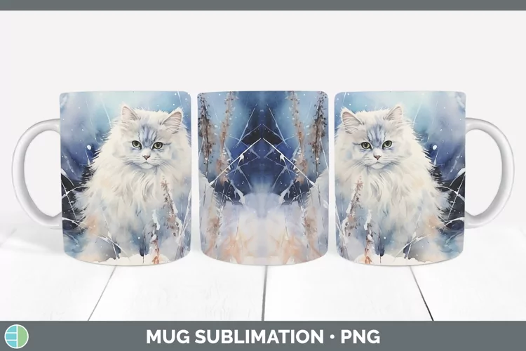 Winter Snow Angora Cat Mug Wrap Sublimation Coffee Cup Desig