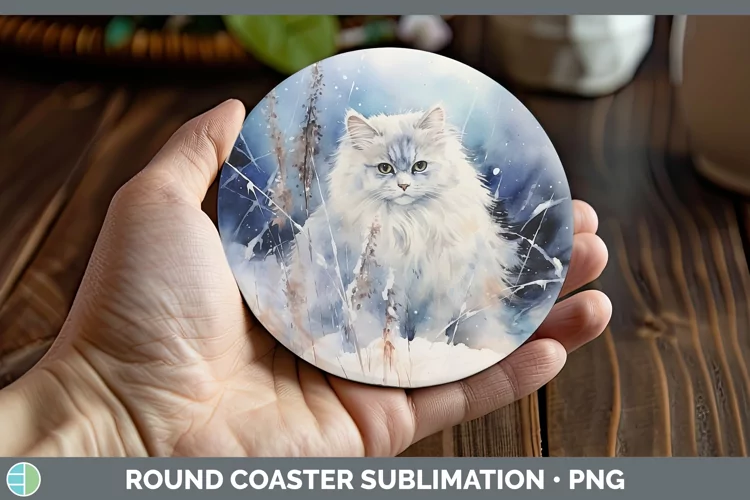 Winter Snow Angora Cat Round Coaster Sublimation Coaster Des