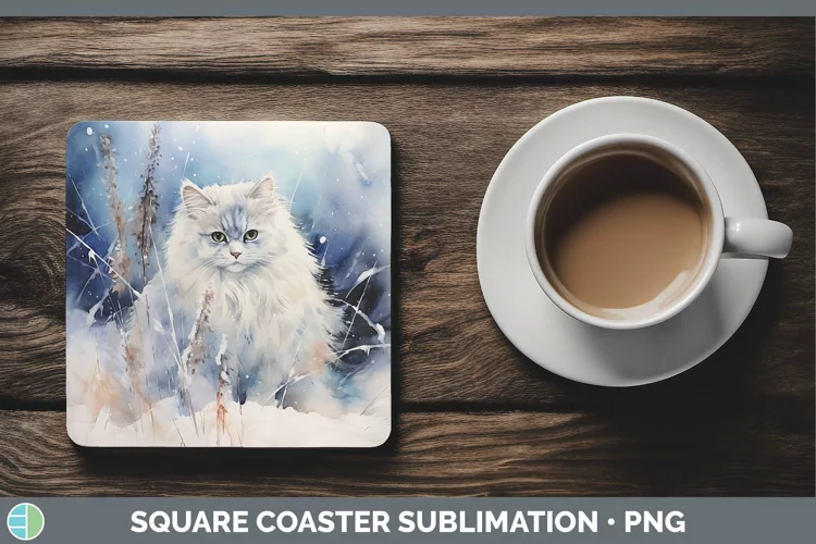 Winter Snow Angora Cat Square Coaster Sublimation Coaster De