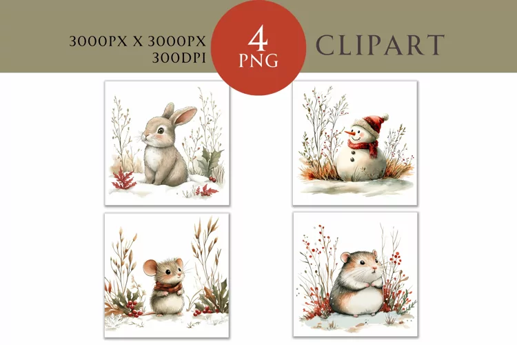 Winter Snow Animals Watercolor Clipart PNG