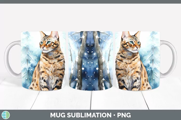 Winter Snow Bengal Cat Mug Wrap Sublimation Coffee Cup Desig