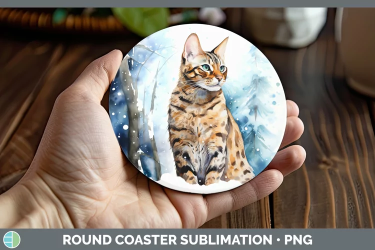 Winter Snow Bengal Cat Round Coaster Sublimation Coaster Des