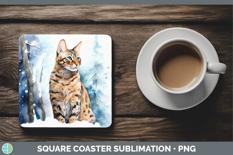 Winter Snow Bengal Cat Square Coaster Sublimation Coaster De