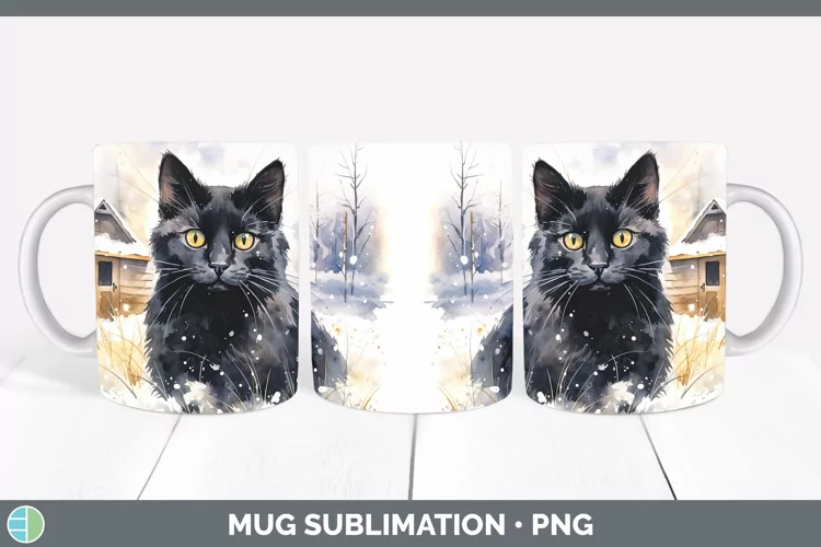 Winter Snow Black Cat Mug Wrap Sublimation Coffee Cup Design
