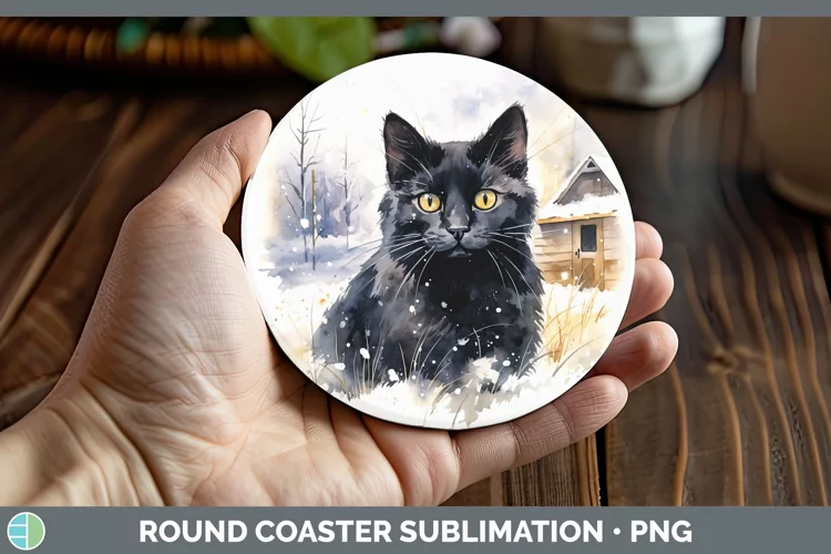 Winter Snow Black Cat Round Coaster Sublimation Coaster Desi