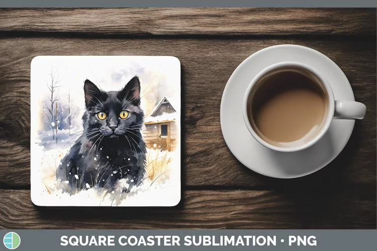 Winter Snow Black Cat Square Coaster Sublimation Coaster Des