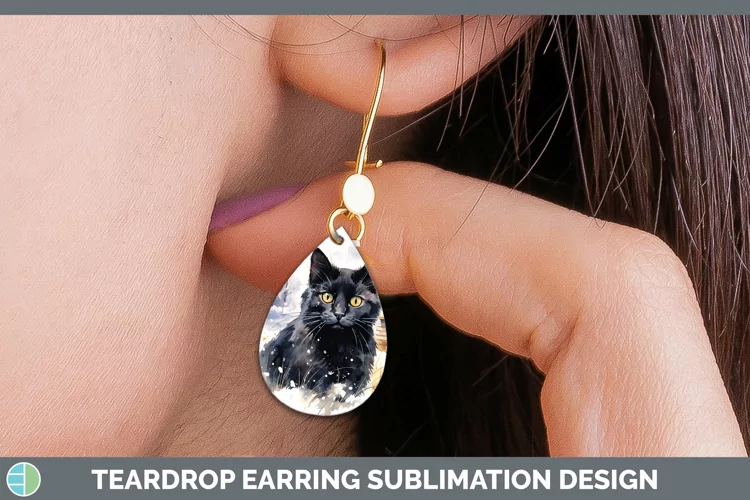 Winter Snow Black Cat Teardrop Earrings Sublimation Earrings
