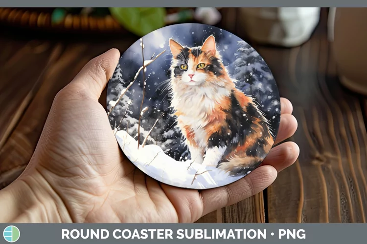 Winter Snow Calico Cat Round Coaster Sublimation Coaster Des