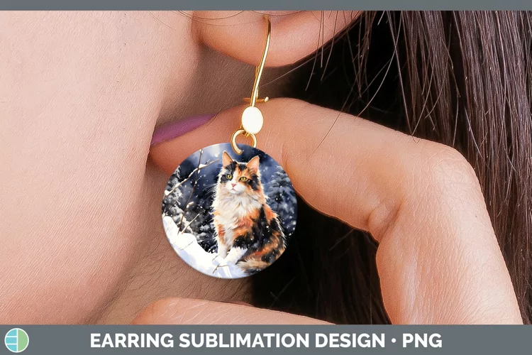 Winter Snow Calico Cat Round Earrings Sublimation Earrings D