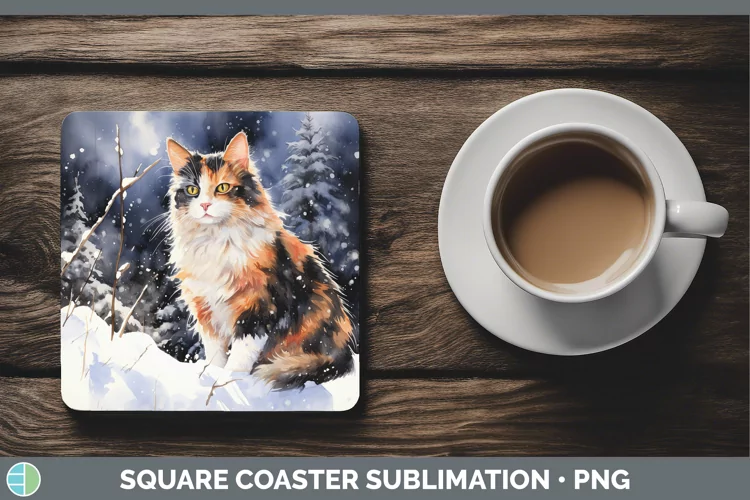 Winter Snow Calico Cat Square Coaster Sublimation Coaster De
