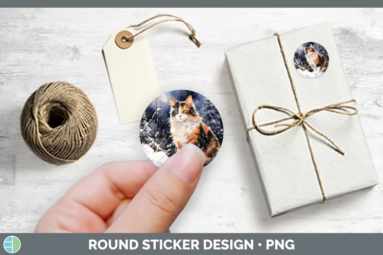 Winter Snow Calico Cat Stickers | Round Labels Designs