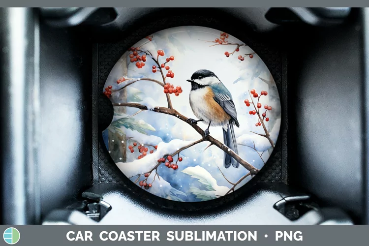 Winter Snow Chickadee Car Coaster Sublimation Coaster Design