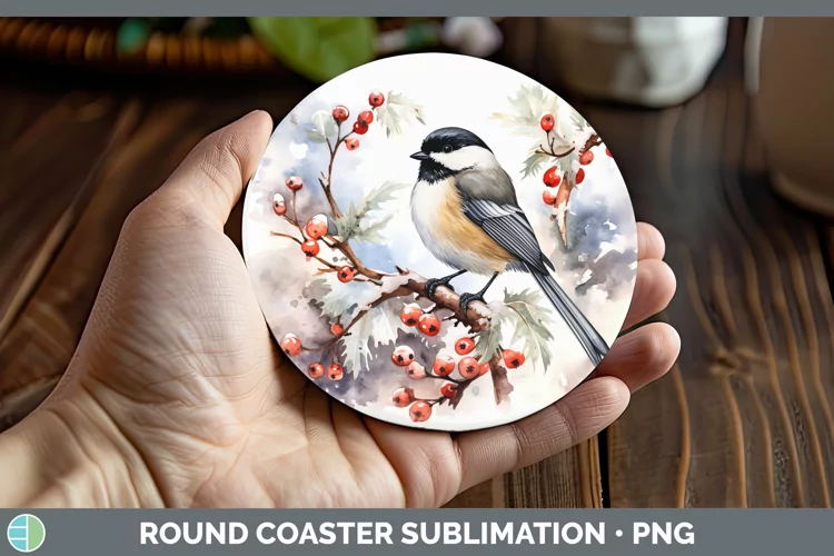 Winter Snow Chickadee Round Coaster Sublimation Coaster Desi